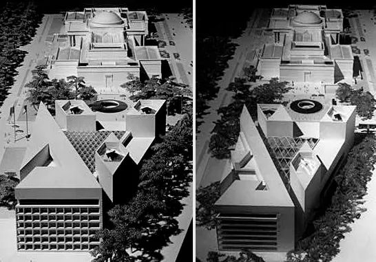 貝聿銘1970年1月向華盛頓藝術委員會會議所呈送審查的建築模型（左圖），設計定案的建築模型（右圖）