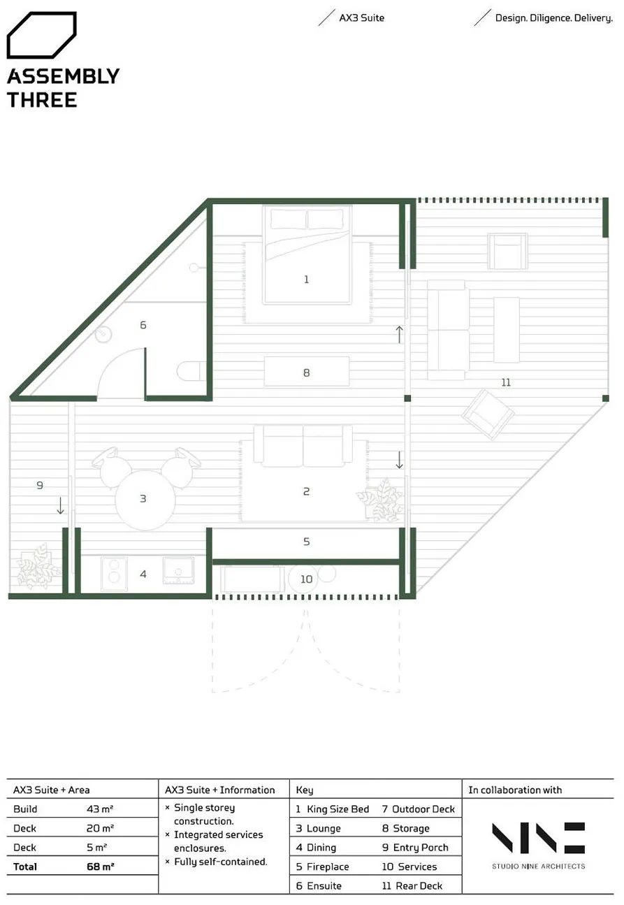 套房平面圖 模組化的永續木構造建築，澳洲組合式木屋Assembly Three／Studio Nine Architects
