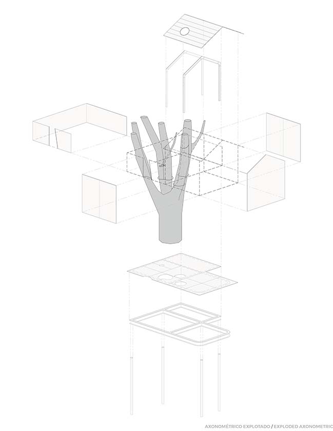 爆炸分解等角透視圖，墨西哥水晶樹屋Crystal Treehouse／Broissin