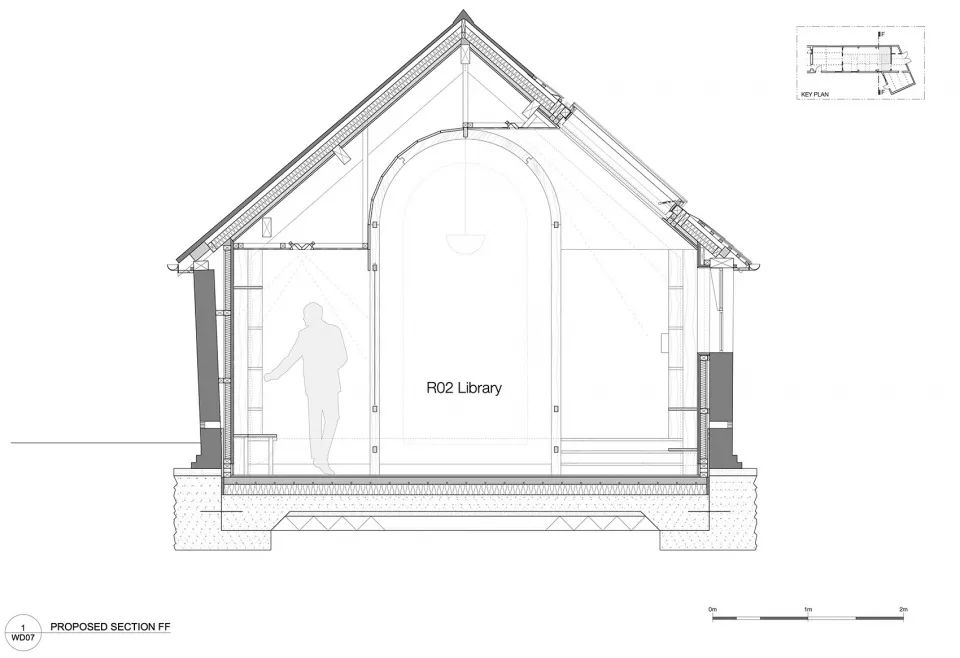 拱廊剖面圖©Crawshaw Architects 舊建築改造，Stanbridge Mill農場圖書館／Crawshaw Architects