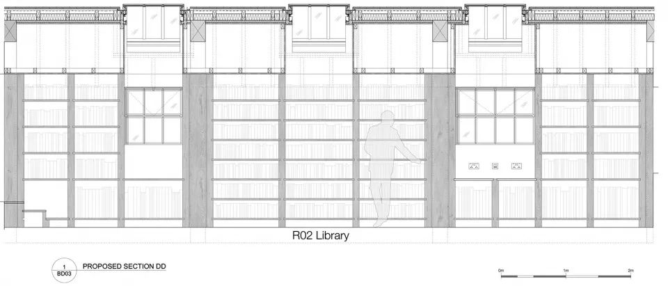 圖書館部分剖面圖©Crawshaw Architects 舊建築改造，Stanbridge Mill農場圖書館／Crawshaw Architects