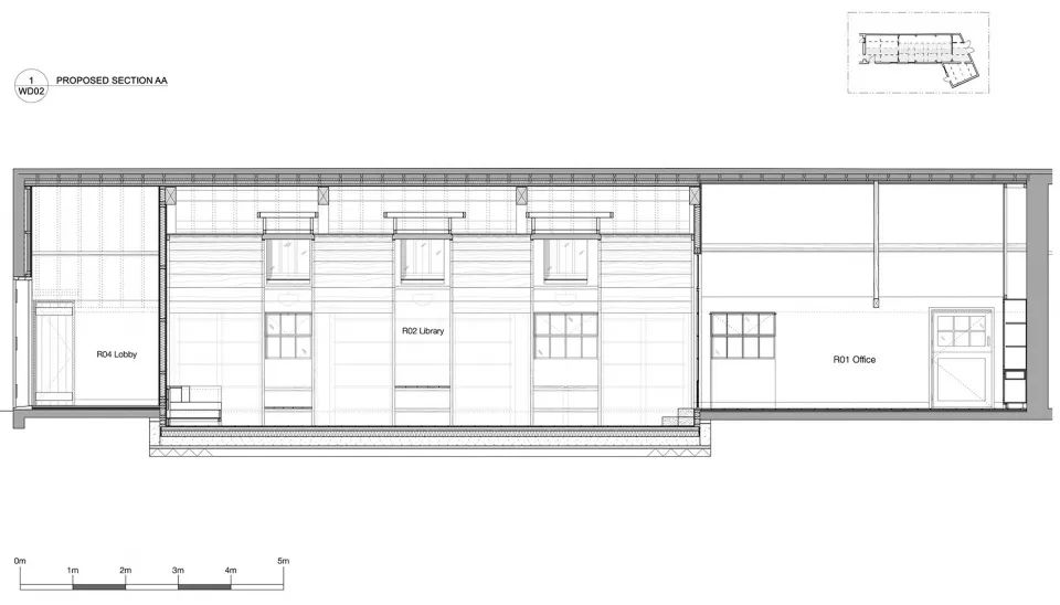 整體剖面圖©Crawshaw Architects 舊建築改造，Stanbridge Mill農場圖書館／Crawshaw Architects