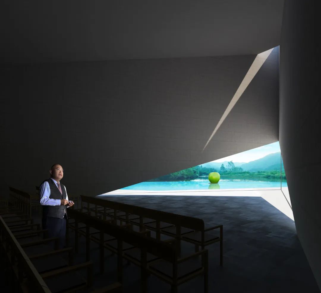 從光影幾何的室內往向室外水景（效果圖）©️安藤忠雄建築研究所