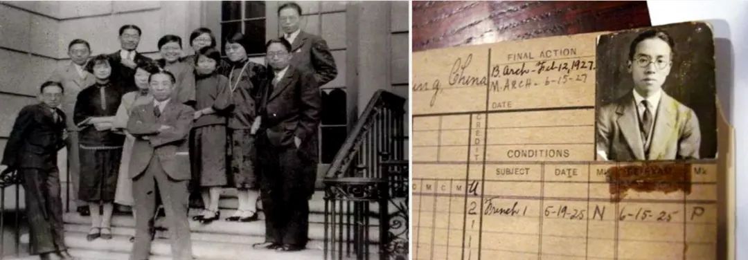 左圖：賓大中國留學生,前左一梁思成,左二林徽因；右圖：梁思成在賓大的學籍卡