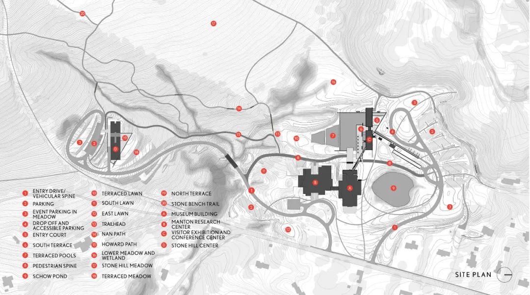 整體平面圖 Clark Art Institute景觀設計 地點:美國,威廉姆斯 設計建造期間:2002-2014 合作方:Tadao Ando Associates;Gensler