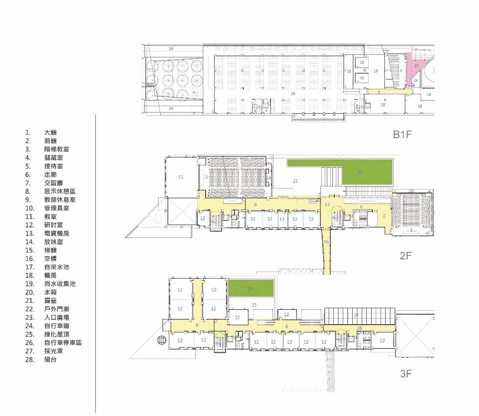 地下一樓、二樓、三樓平面圖，台大博雅館／境向聯合建築師事務所