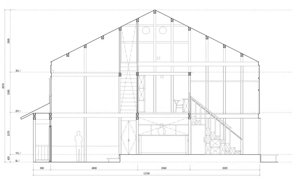 剖面圖 Section Sano Studio 京都福山市菱屋 Kyoto Hishiya Hotel／佐野文彥工作室 Fumihiko Sano Studio