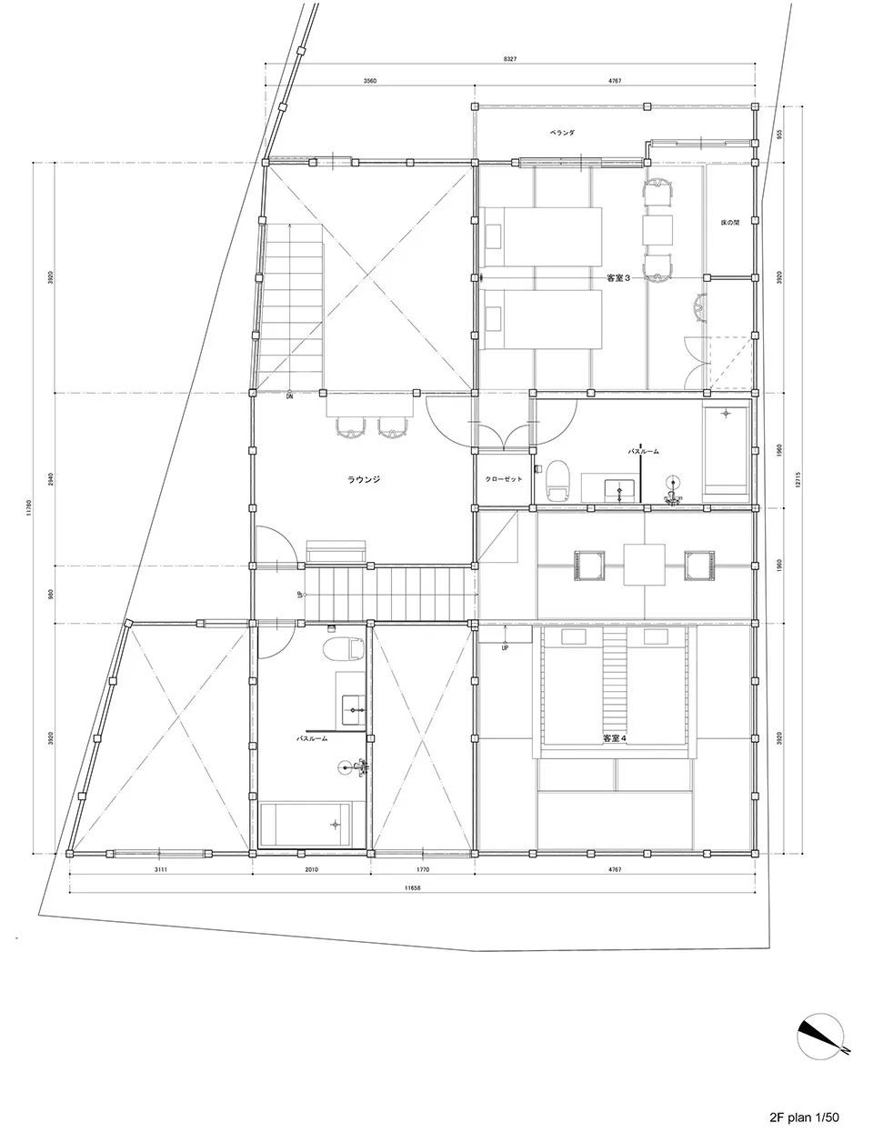二樓平面圖 Plan 京都福山市菱屋 Kyoto Hishiya Hotel／佐野文彥工作室 Fumihiko Sano Studio