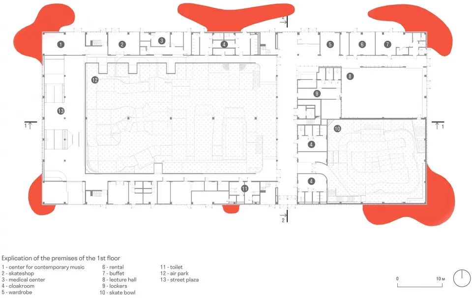 一樓平面圖 Plan©KOSMOS Architects 俄羅斯室內極限公園 Russia URAM Indoor Extreme Park／KOSMOS Architects + Legato Sports Architecture