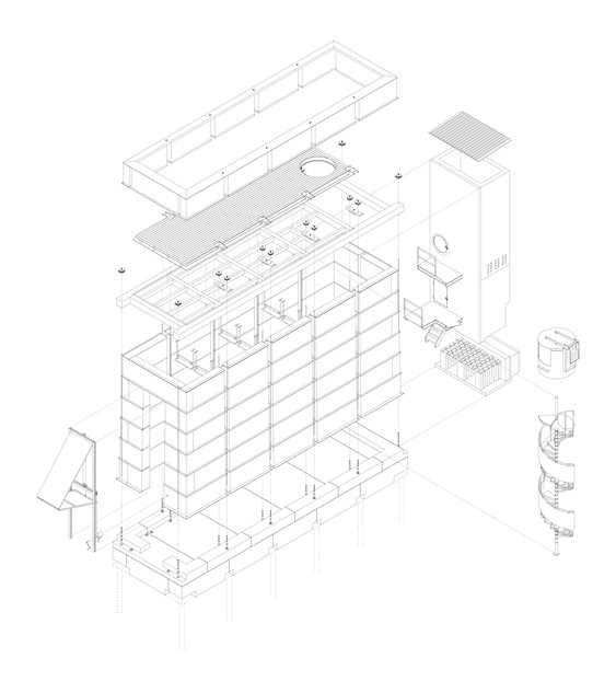 爆炸等角透視圖 瑞士手工磚博物館窯塔Suisse Switzerland Kiln Tower for the Brickworks Museum/Boltshauser Architekten