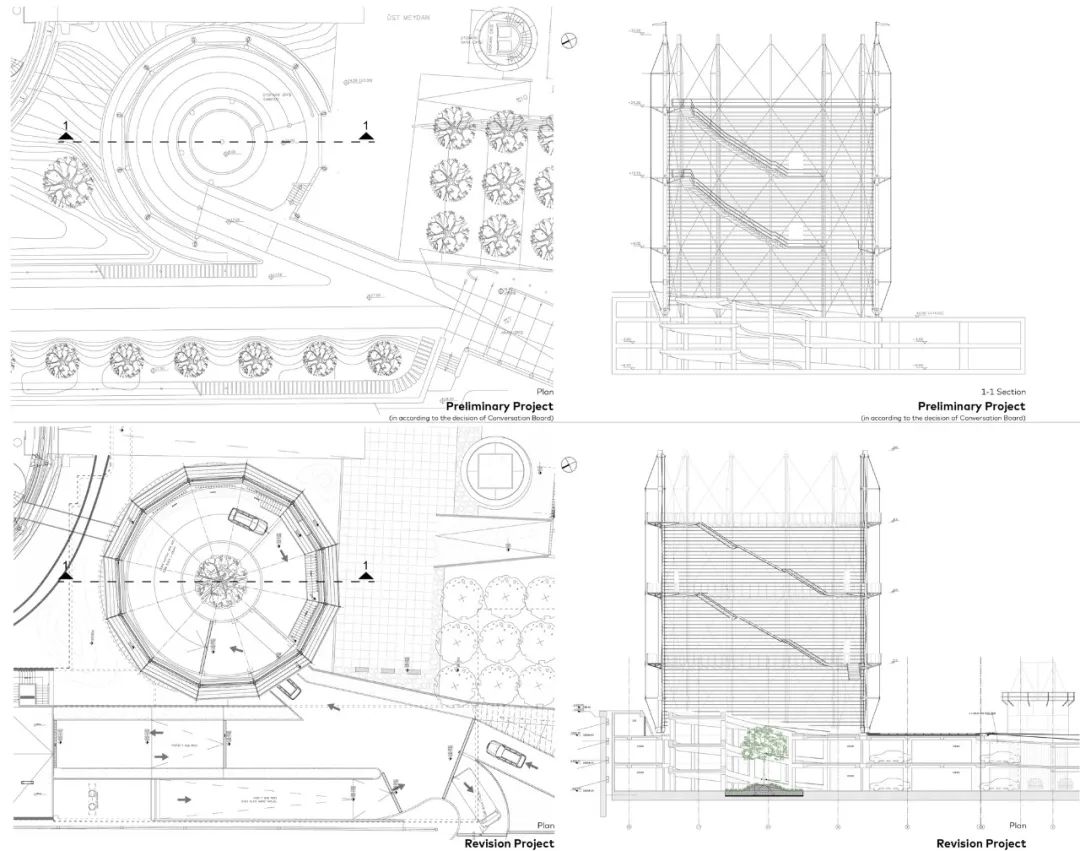 改造前後平面剖面圖 Section對比 伊斯坦堡煤氣廠及博物館 Turkey Istanbul Hasanpaşa Gasworks Park and Museum Complex／İTÜ &DS Architecture