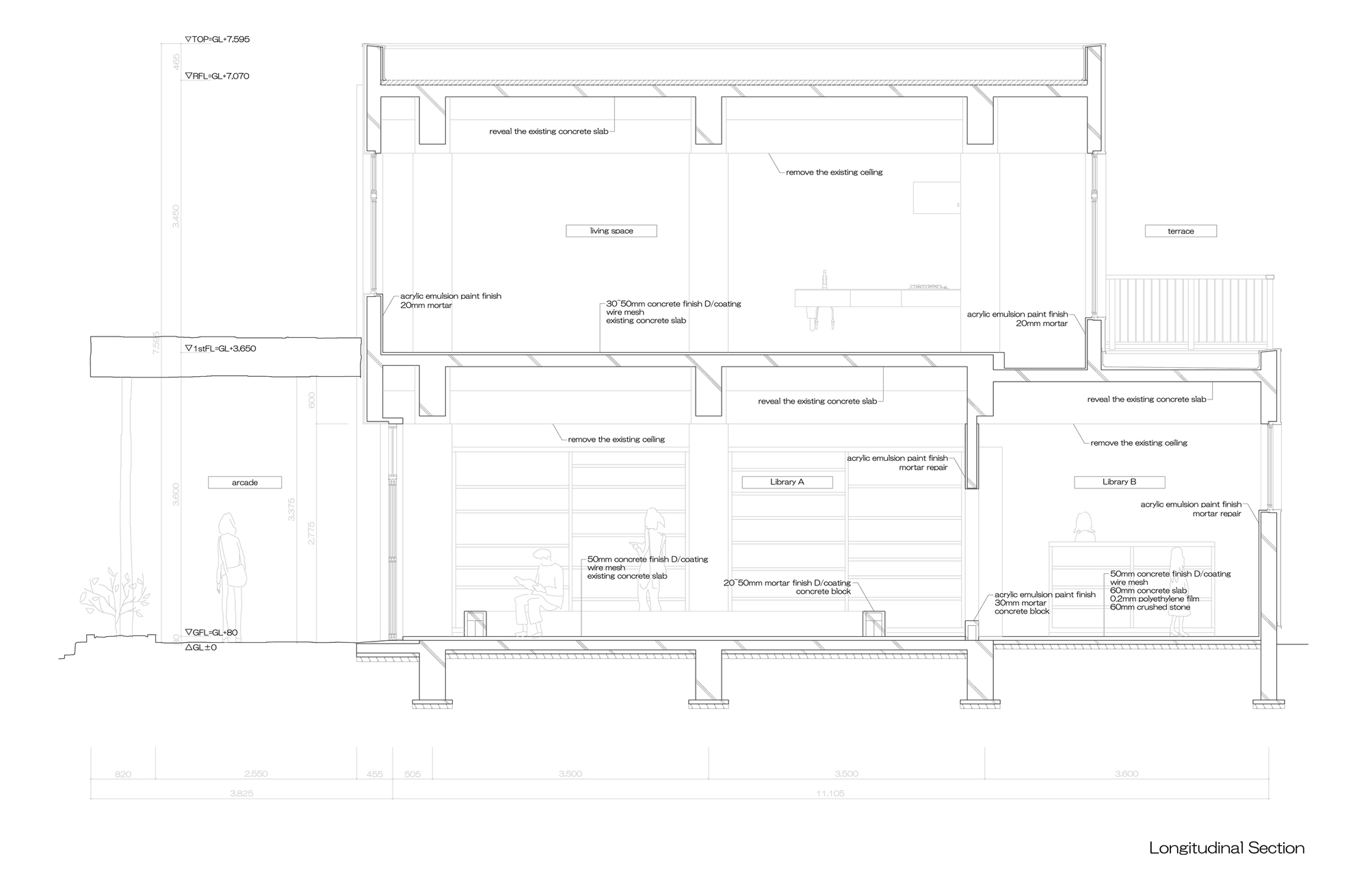 長向剖面圖 日本鳥取市附帶小型圖書館的房子 租書店 Japan House／Hiroshi Kinoshita and Associates キノシタヒロシ建築設計事務所
