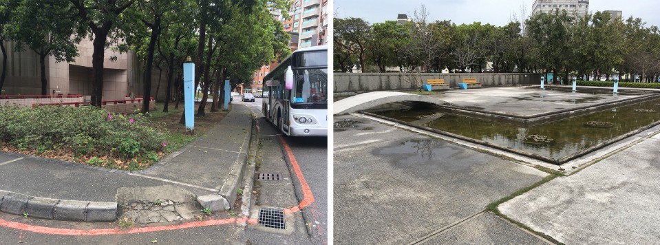 演藝路人行道（左）水景區（右）整建前；圖片提供：合寬建築 新竹市文化綠廊環境景觀縫合工程／合寬建築師事務所｜預景設計