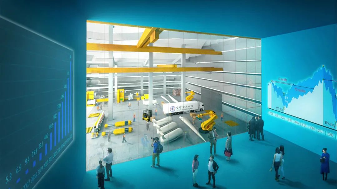 二樓展覽空間,MVRDV為台灣電力公司設置展示綠色未來願景的媒介與平台,前來參觀的民眾可以近距離觀察綠能產業機器的日常維護作業 A gallery space provides a view onto the maintenance workshop, allowing the public an up-close look at the machines that make sustainable energy possible