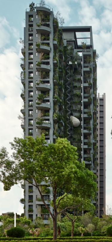 江文淵建築師以自己為業主，成立了半畝塘建設，將創新的設計理念注入新竹縣竹北市，打造了「若蒔山」垂直森林聚落
