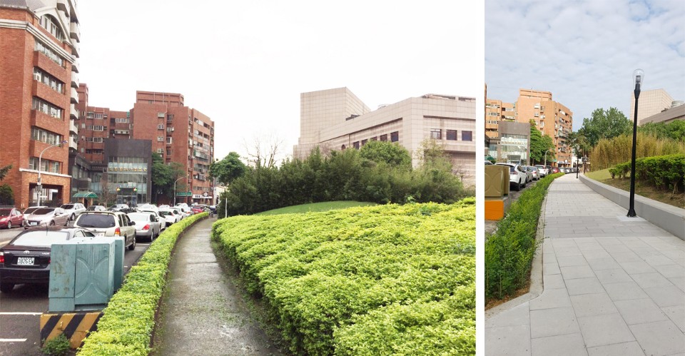 竹影城跡街角廣場整建前（左）後（右） 新竹市文化綠廊環境景觀縫合工程／合寬建築師事務所｜預景設計
