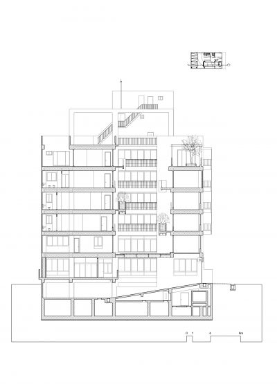 剖面圖 Section；圖面提供：張景堯建築師事務所，高雄家族式集合住宅House O／張景堯建築師事務所