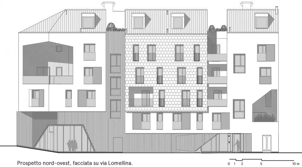 西-北向立面圖 Elevation 義大利都靈街角集合住宅Casa su palafitta Lomellina／+Studio Architetti