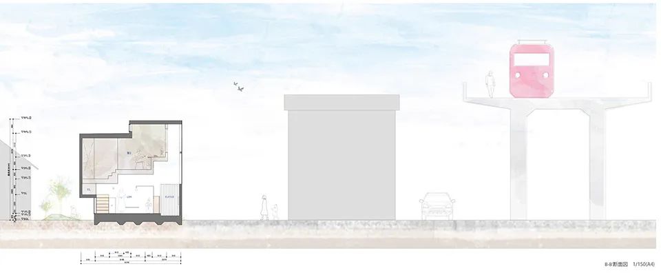 日本木造私人住宅House ST／1-1 Architects 從剖面圖可以看到，沿街道側設有一處高達6公尺的雙層挑高空間