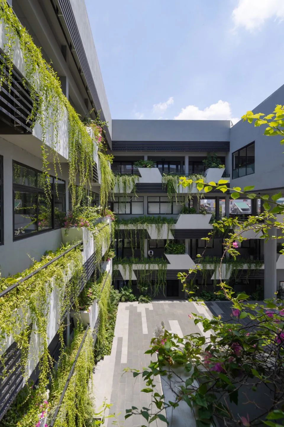 外廊與庭院布滿綠色植栽 越南高等數學研究所／1+1>2 Architects