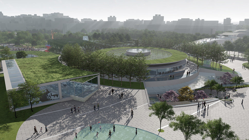 台北藝術園區內藉由透明結構量體提供日照至下方室內區域，劉培森實踐「林中蘊藝，藝中觀林」設計理念