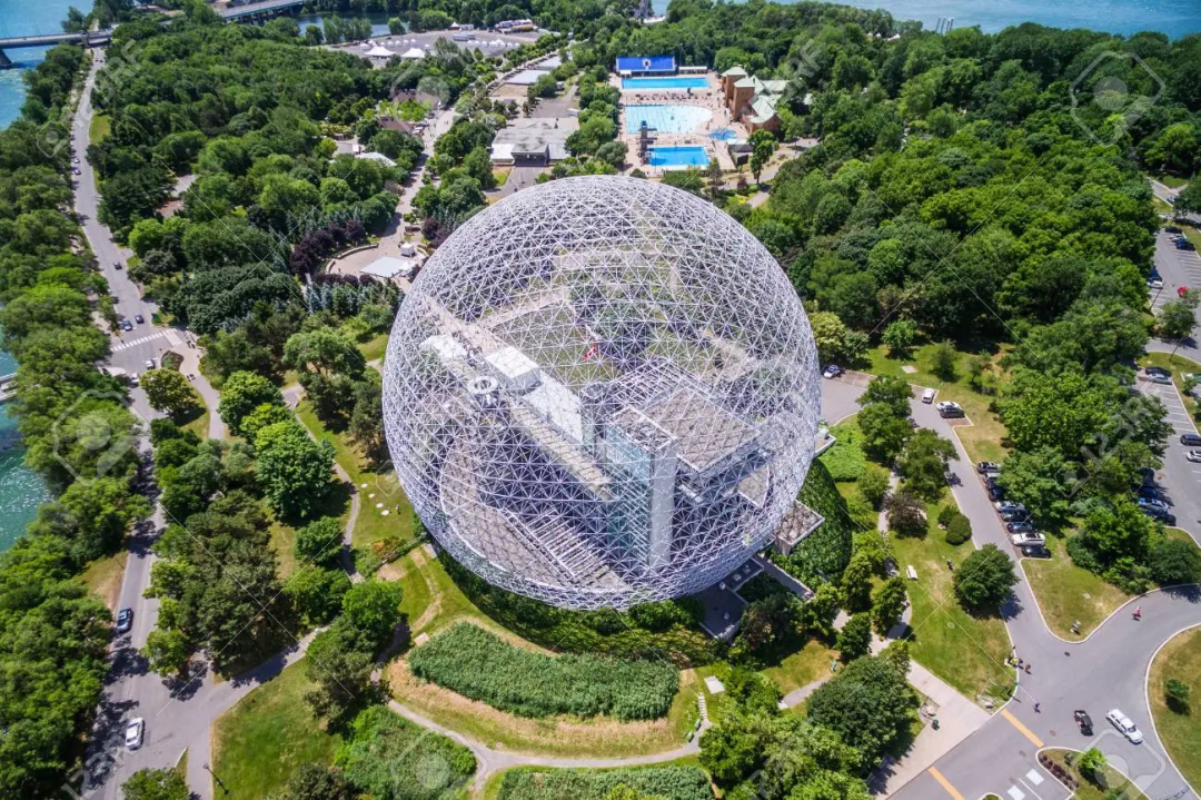 Aerial View of Montreal Biosphere Environment Museum at Parc Jean-Drapeau in Montreal, Quebec, Canada.  Copyright:rmnunes