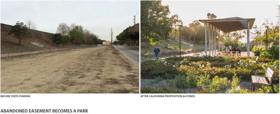 廢棄基地變身公園：Ricardo Lara線性公園取代了位於高速公路和住宅區之間的空地，其大小相當於五個街區。為了充分利用加州84號提案的財政支持，社區宣傳、設計和施工在20天內全部完成。