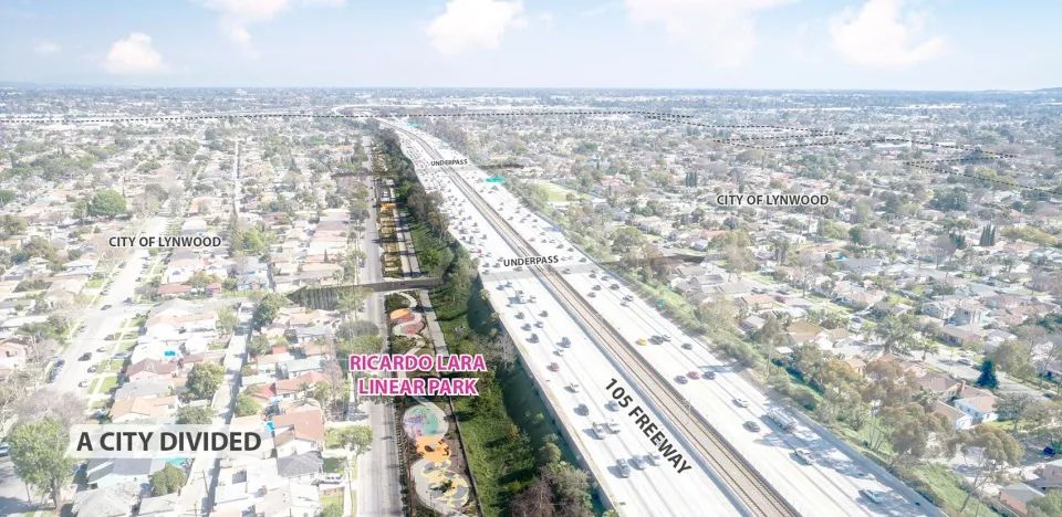 被割裂的城市:加州的林伍德市被巨大的高速公路走廊一分為二,該走廊自竣工以來為社區帶來了沉重的負擔。Ricardo Lara線性公園採取重新恢復城市的社區感,來彌補高速公路造成的負面影響。
