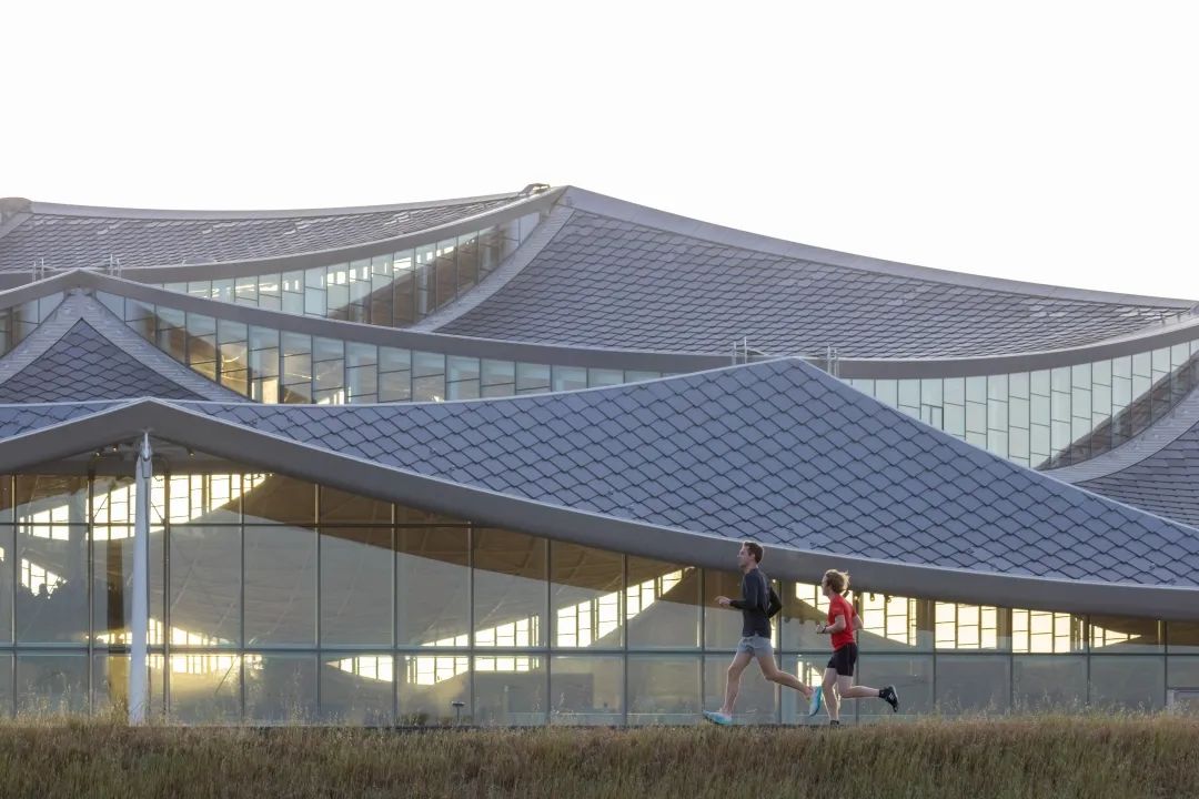 Google全新Bay View園區傘式屋頂設計不僅發揮遮蔽太陽、雨水作用，更可配合明顯挑高設計，大幅增加室內自然進光量，加上內部隔間採無頂設計，進而能降低內部開燈照明的需求，同時也能透過外部風流調節內部氣溫，進而減少空調使用比例，藉此大幅降低電力損耗。