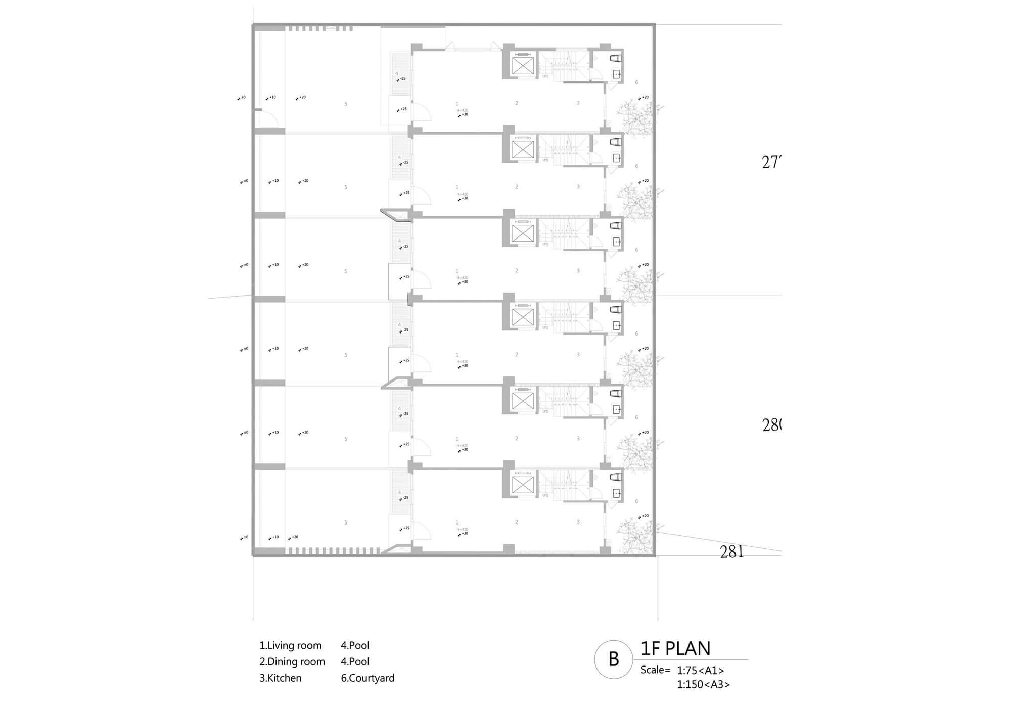 1F平面圖 Plan 鉅璽建設建案台中南屯透天別墅鉅璽鉅砌／魏相曄 尋樸建築師事務所