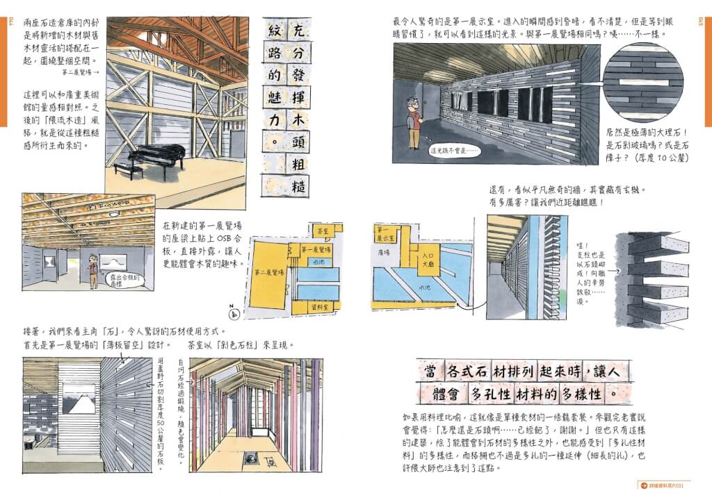 宮澤洋認為,石之美術館內部新舊木材混搭的粗糙感,就是隈研吾「隈造木流」風格的起點。(圓神出版提供)