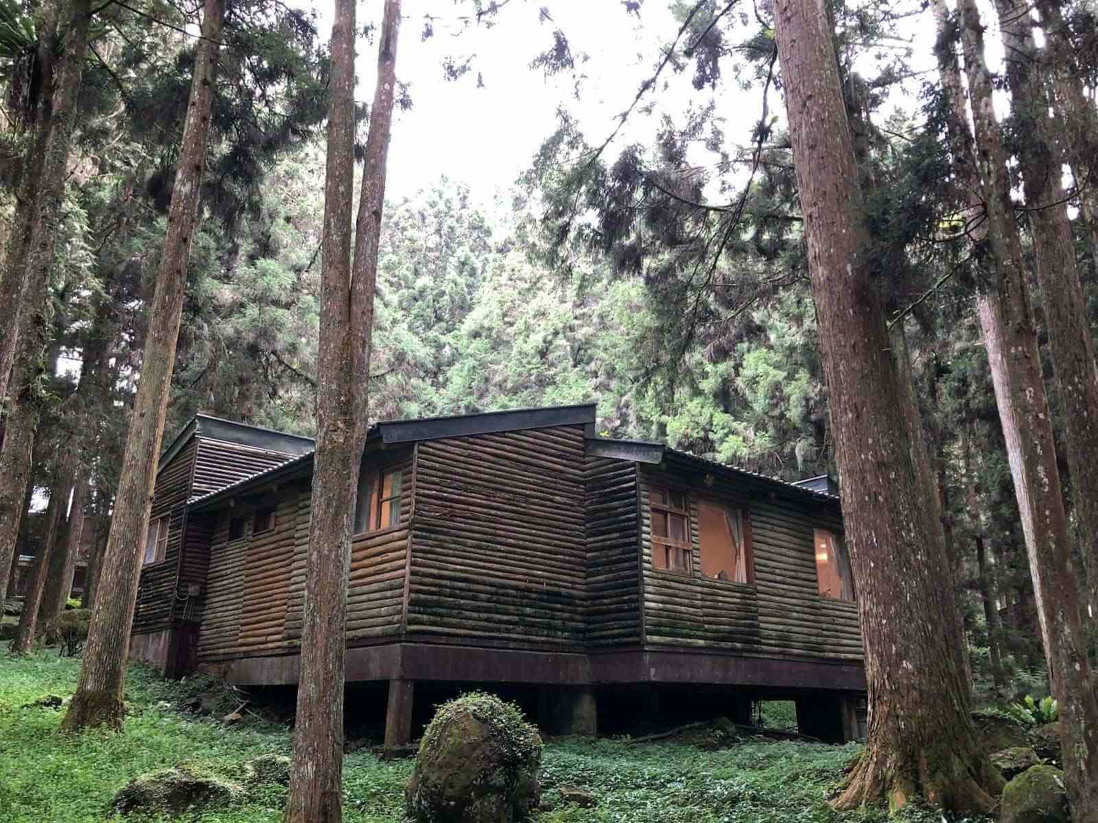 漢寶德設計，溪頭青年活動中心的林中小屋，外壁為杉木原木橫向疊成。
