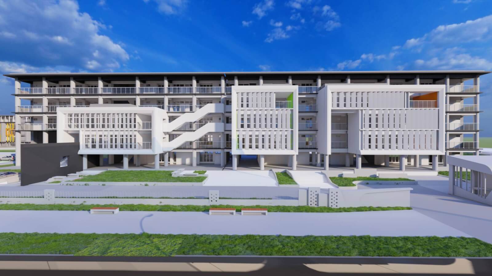 建築師姜樂靜指出,校園的綠帶與鄰里社區的共享森林,東側退縮大片綠地,用綠意從校園中延伸至周邊道路,緩和與周邊社區關係並形成都市綠帶,提供周邊民眾平日休憩都市步行空間,使校園成為都市中呼吸的空間,讓師生在永續的校園環境裡愉悅地學習成長,也讓校園與社區間朝向相融、共好、互利。
