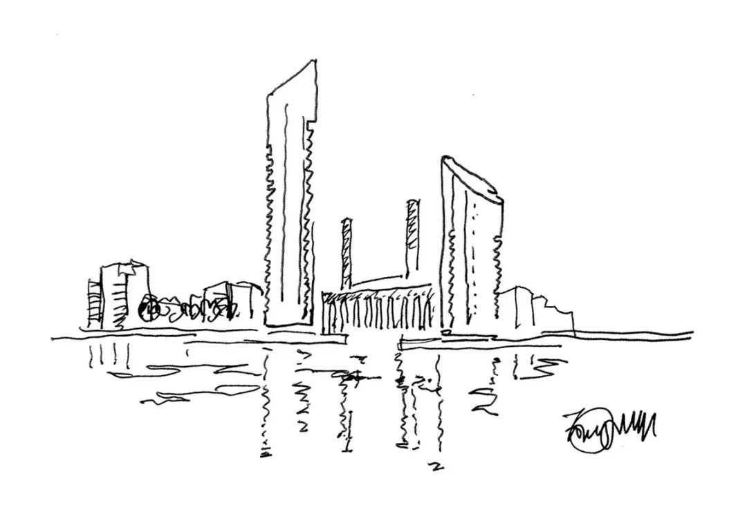 門戶雙塔框定發電廠與河岸The power station and the mouth of the re-generated creek are framed by gateway towers