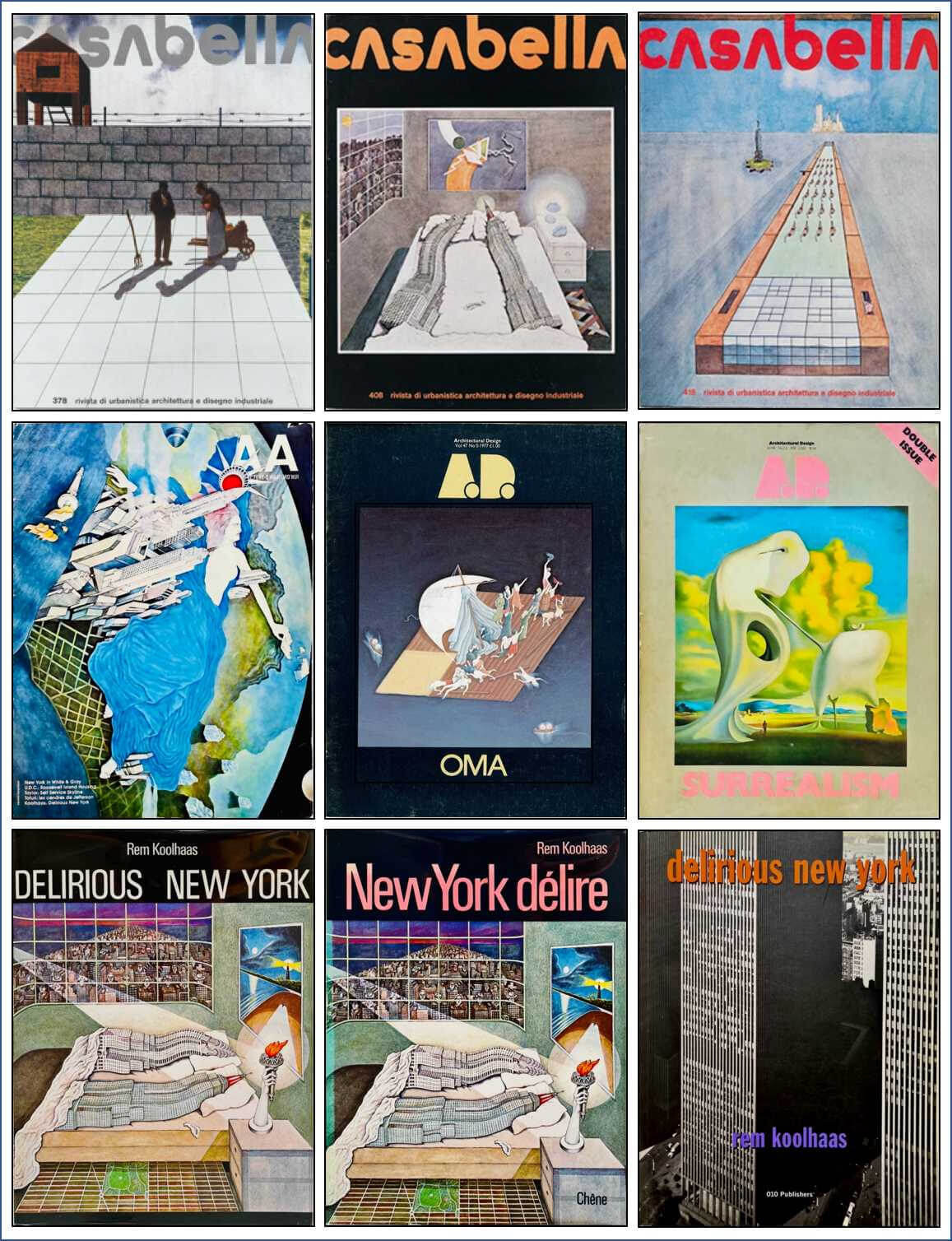 曾成德收藏的《譫狂紐約》各國版本的收藏，包括未正式出版前局部刊出摘錄的各個建築雜誌。最珍貴的包含1978年的英文與法文版，以及兩本 Architectural Design ”OMA”1977年第 47卷第5號與 “SURREALISM”1978年第48卷第2/3 雙號。（圖片提供：曾成德）