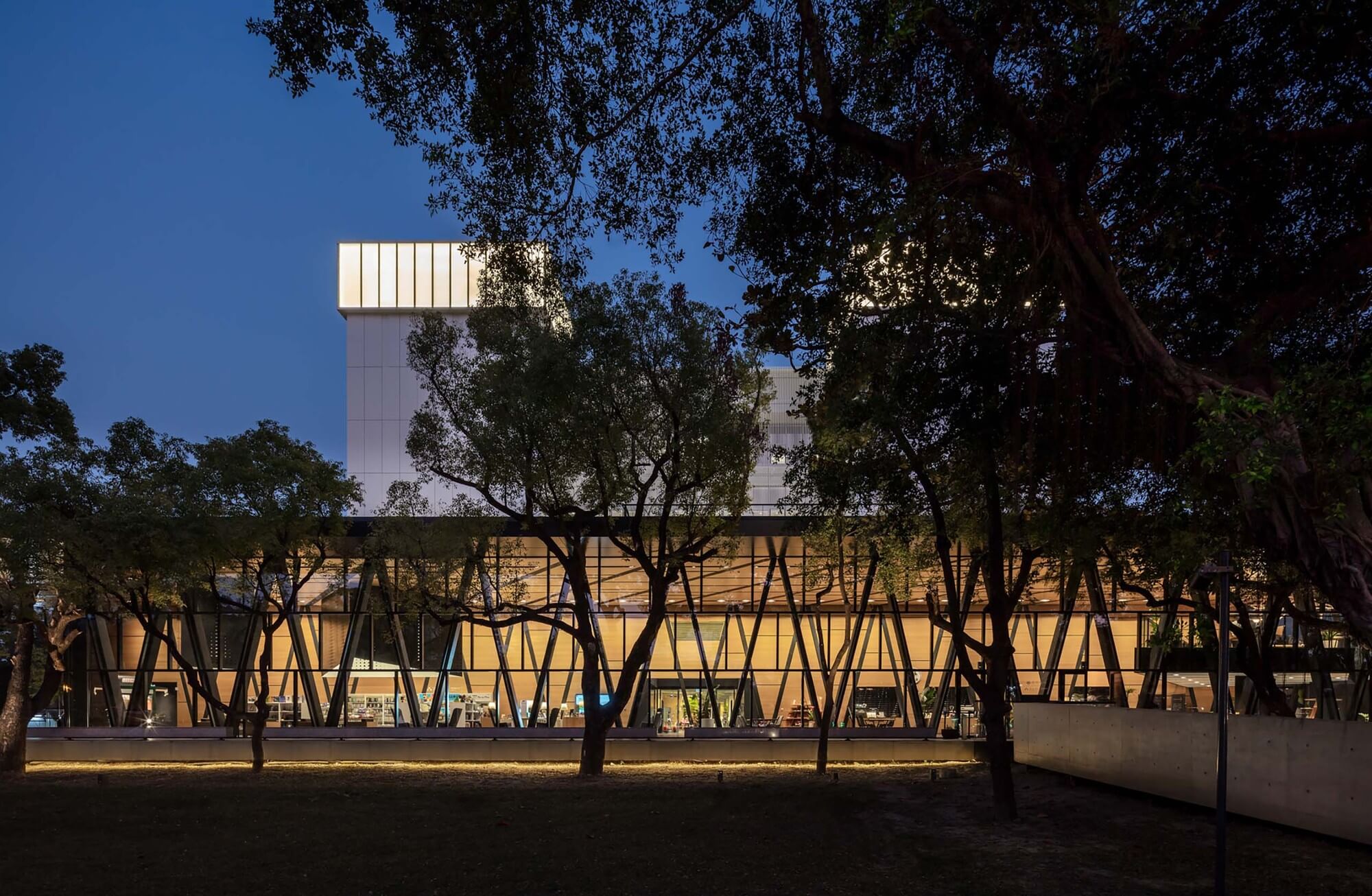 夜間照明設計與樹影 屏東圖書館總館 Pingtung Library/張瑪龍陳玉霖聯合建築師事務所 MAYU architects