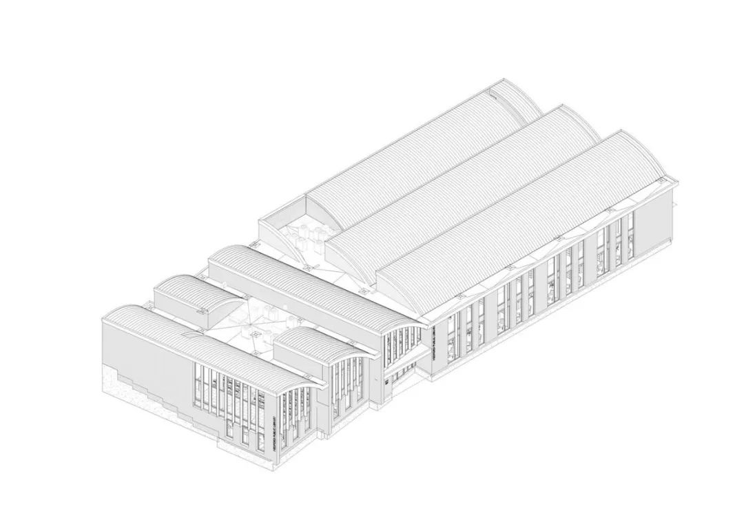 等角透視圖 零能耗圖書館Charlotte & William Bloomberg Medford Public Library／Schwartz/Silver Architects