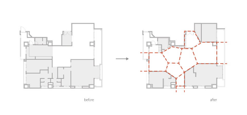 晴．禾之家 公寓室內設計／十分建築＋王喆建築師 平面策略：業主期待新的家能有開敞且動態的空間，王喆在平面中置入了以五角形所組合的新空間秩序，打破原矩形且禁錮的室內公共空間