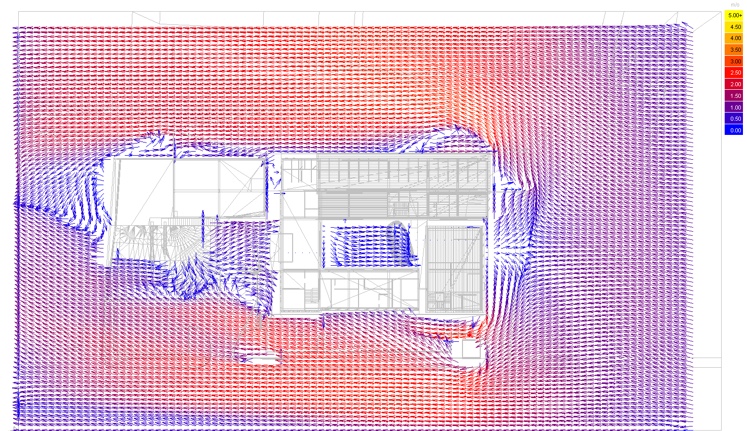 H=1.2m（H=頂層冬日下午風向分析）李麗如建築師事務所針對基地進行實際日照、風力模擬，作為建築量體高度的設計參考依據