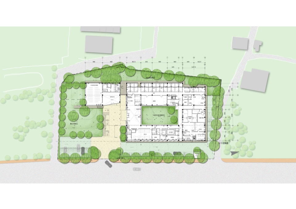 新竹動物保護教育園區全區配置圖,李麗如建築師透過開放空間串連周遭苗圃與綠地,使得綠地得以延伸,擴大綠色視野