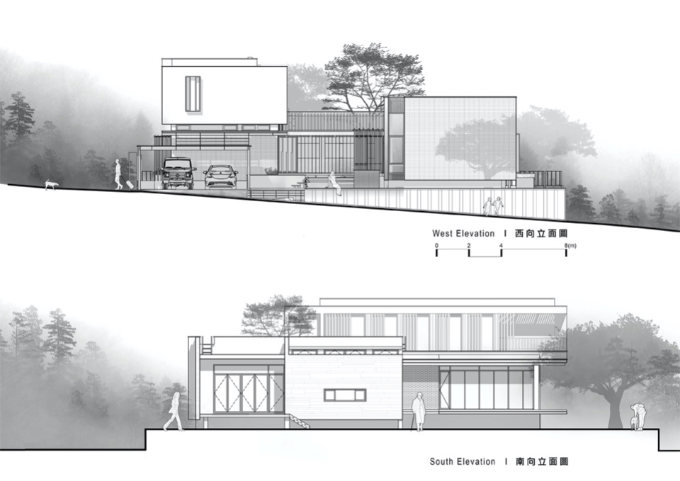 西向、南向立面圖 秀岡山莊私人住宅，山合院／胡世昭 世騰建築設計事務所