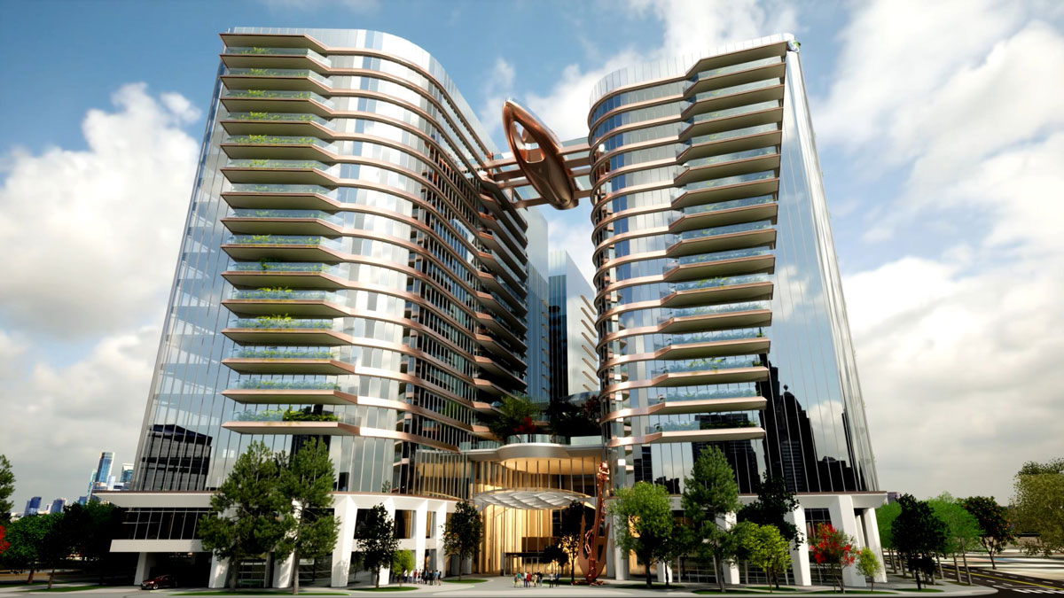 京華廣場ESG頂級商辦園區外觀3D示意圖，建築設計由李祖原聯合建築師事務所擔綱