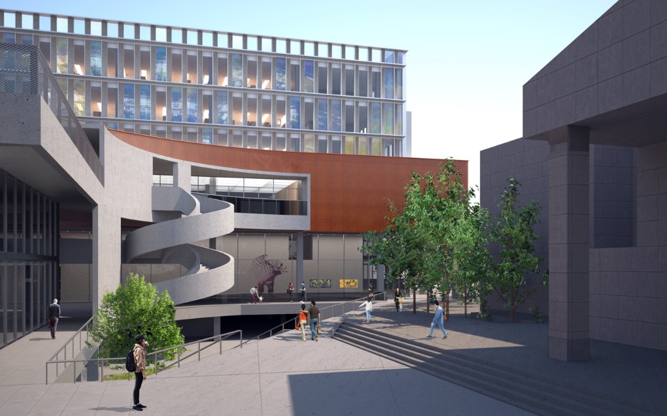 與演藝廳之間的帶狀開放空間 新竹市圖書館新總館競圖提案／姜樂靜建築師事務所