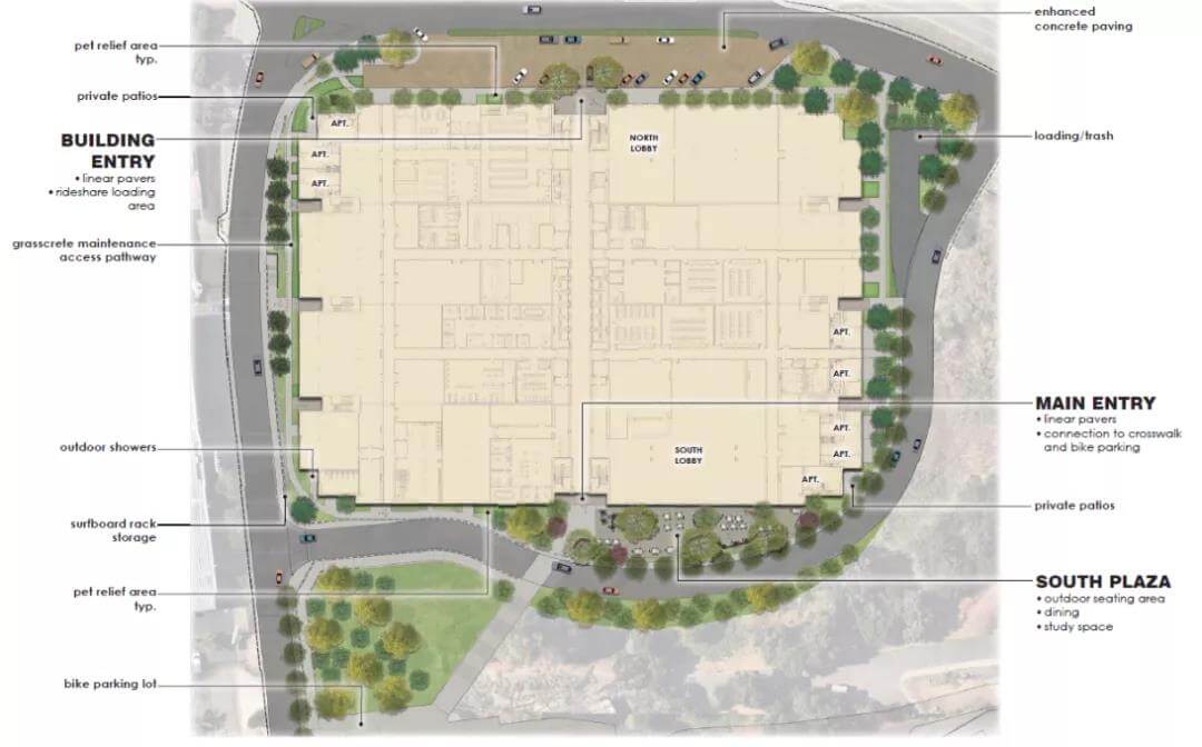 Charlie Munger捐贈的UCSB宿舍Munger Hall平面圖，只有前後兩個出口