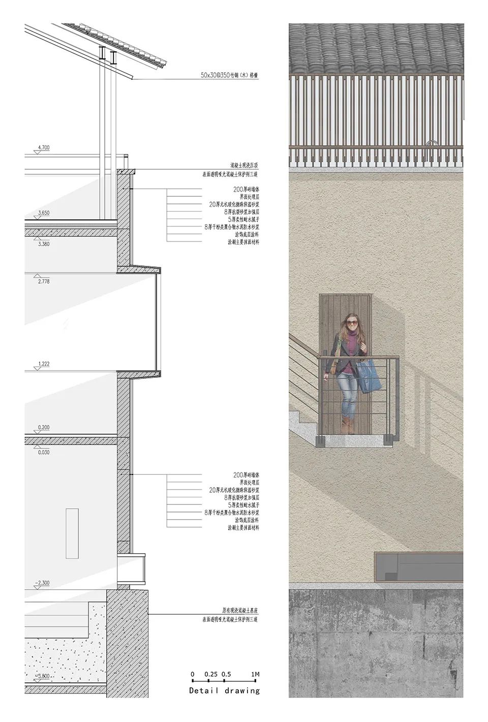 外牆大樣剖面圖 Section 奉化棲霞坑發電站改造的溪邊餐廳／尌林建築設計事務所