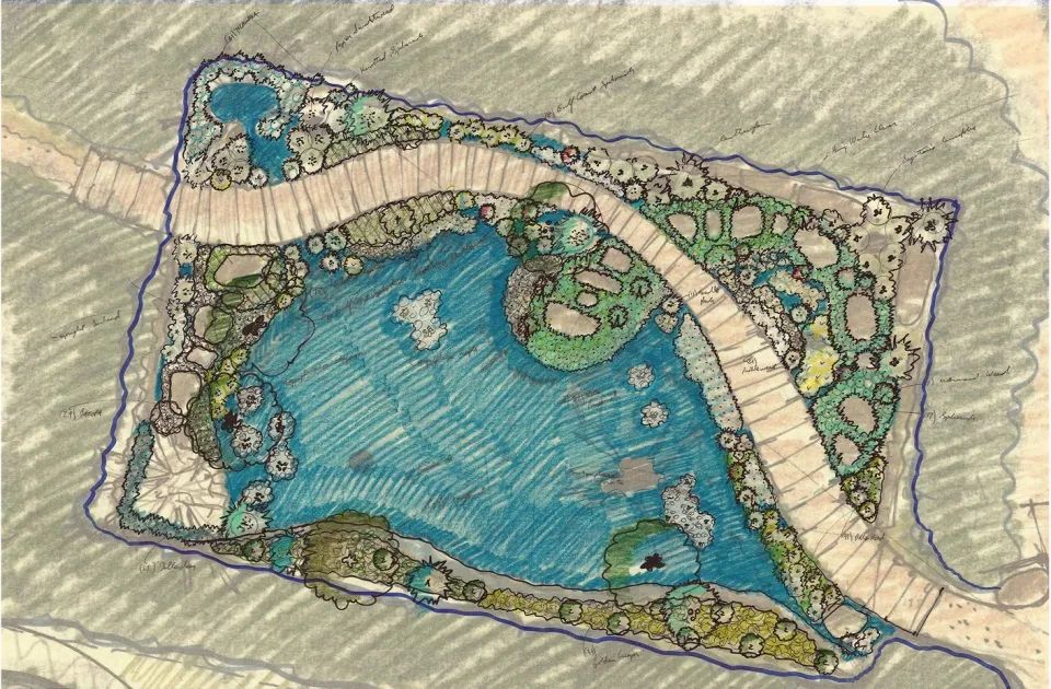 Leon Levy Native Plant Preserve原生植栽保護區淡水濕地展區。景觀設計師的手繪平面圖 Plan展示了將既有農業蓄水池重新利用為淡水濕地的提案