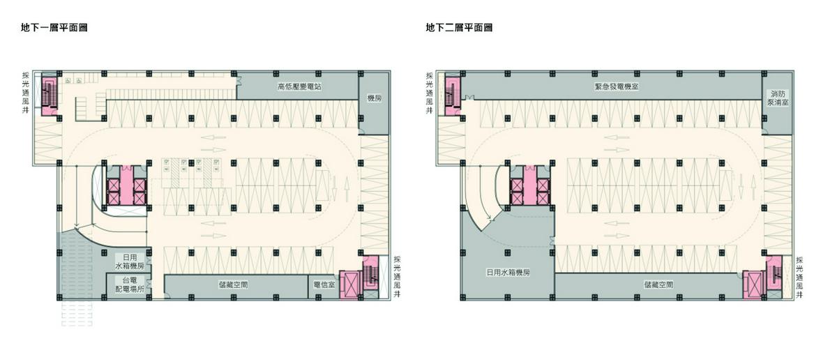 地下一層及地下二層平面圖 桃園區營業處配電材料大樓競圖／境向聯合建築師事務所