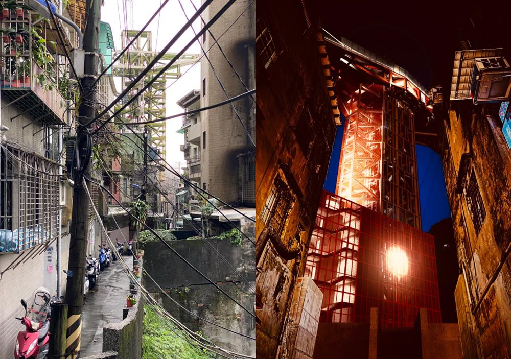 (左)基隆塔(豎梯)施工圖、(右)模擬圖的基隆塔(豎梯)夜景