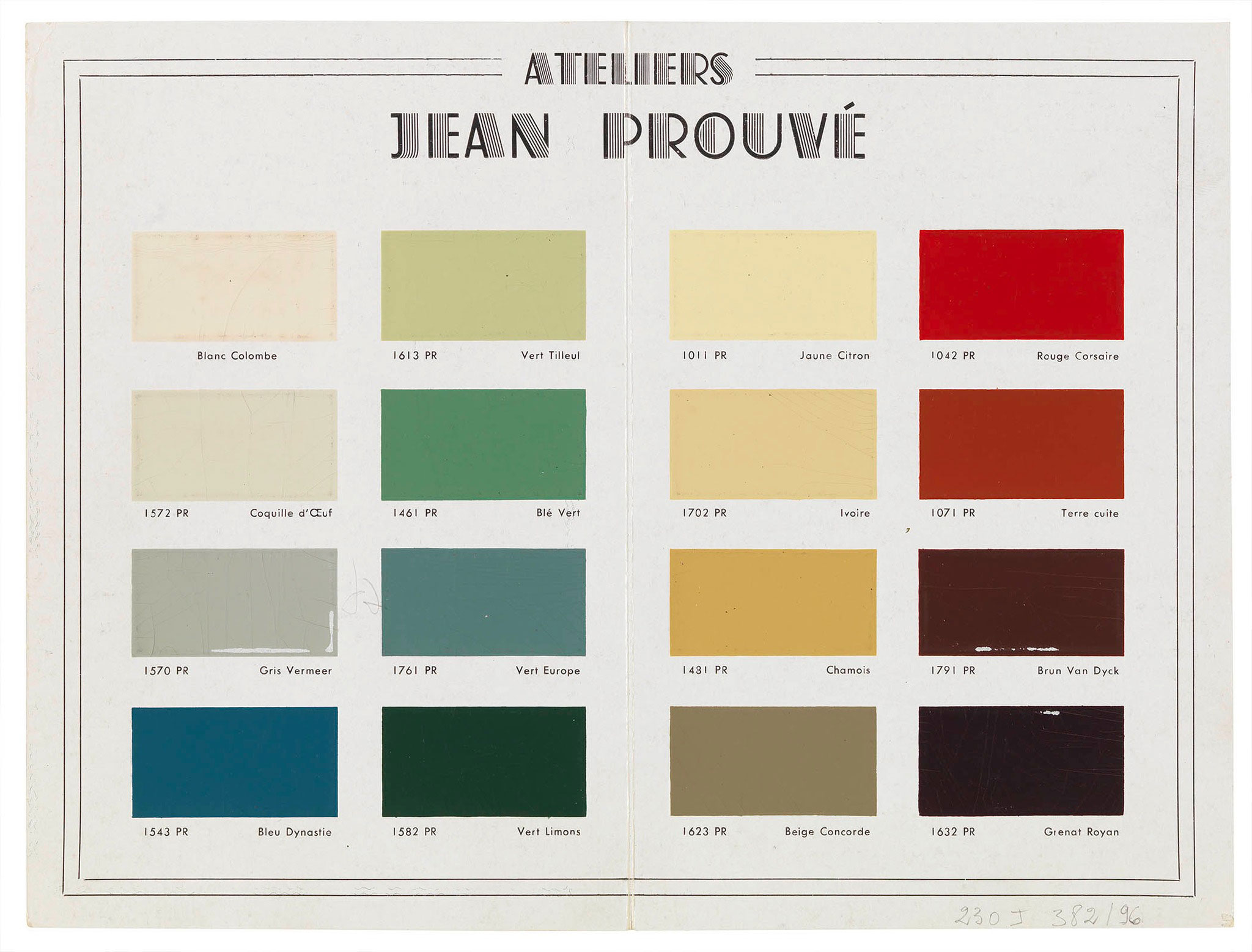 Jean Prouvé追求揭露物件、材料和結構的真實本質。他並不贊同使用清漆，對於不會腐蝕的鋁，他選擇不加以處理，絕不會在木頭紋理上塗漆。Jean Prouve認為，材料的性質決定了物件的美學。對於易於腐蝕的鋼材，他創造了自己的色票來處理