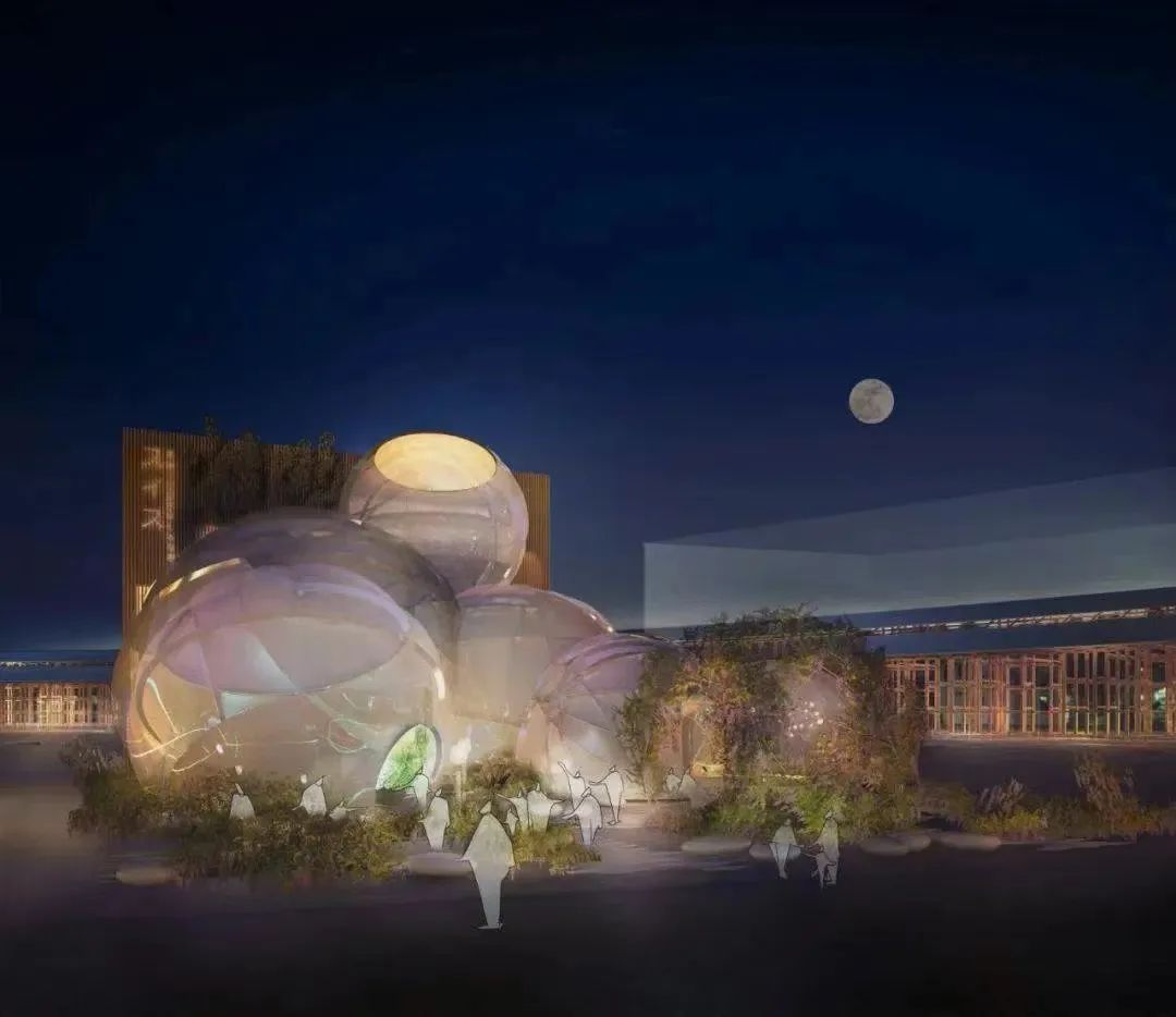 2025年大阪世博會瑞士館，五個球體置於一片綠色植栽之中，展覽空間的外殼由輕質結構支援的金屬箔組成，重量不超過400千克，只有傳統建築外殼重量的1%（圖源：Manuel Herz Architekten）